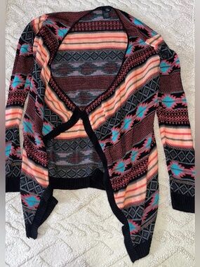 Women’s Open Faced Cardigan - Long Sleeve W/ Colorful Aztec Print, Size XL